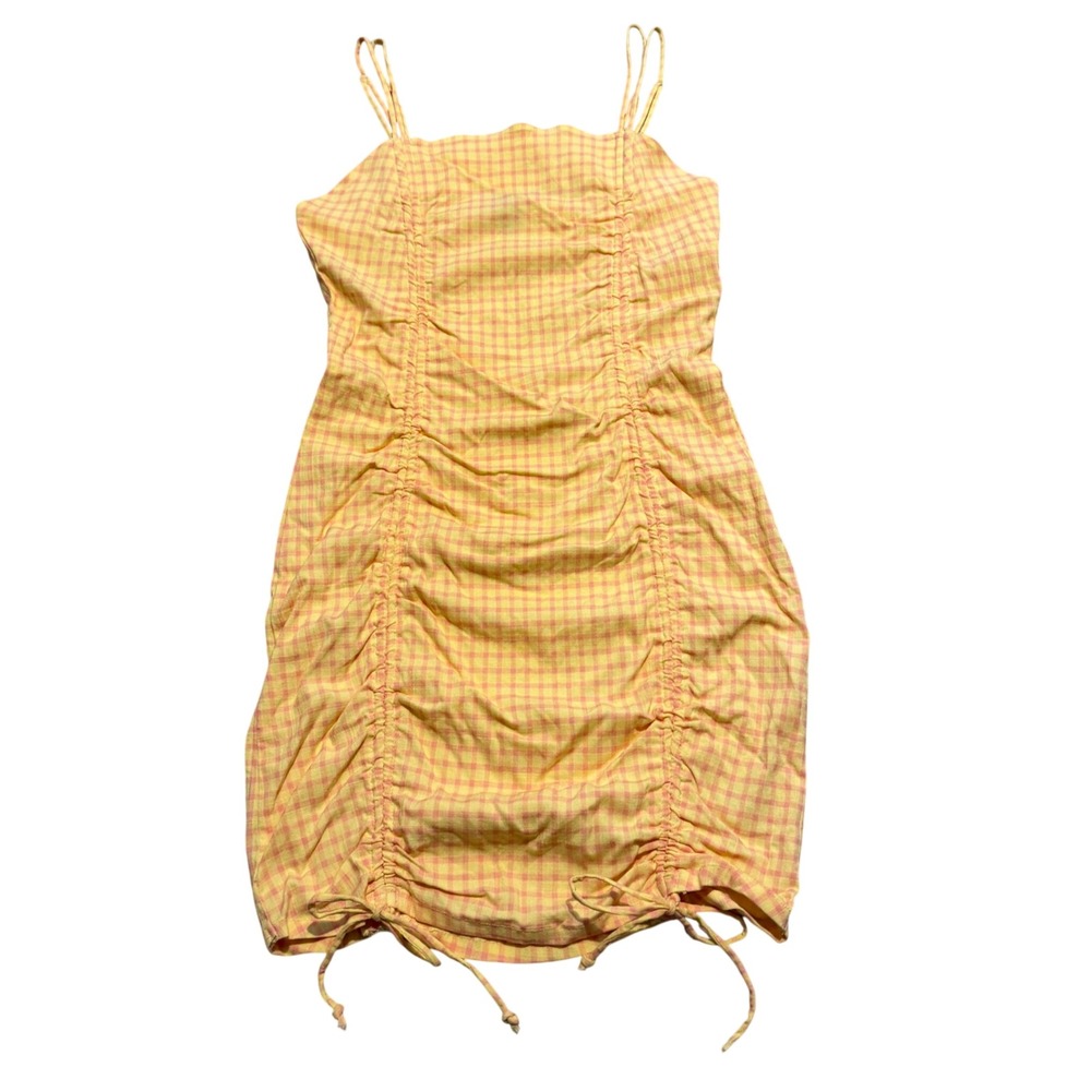 Wild Fable Women Medium Yellow Pink Gingham Ruched Bodycon Stretch Mini Dress